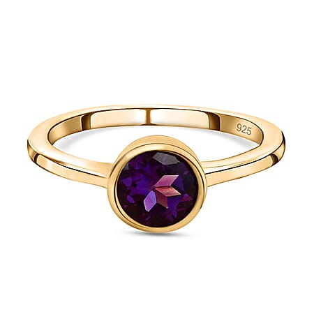 African Amethyst February Birthstone Solitaire Ring in 18K Vermeil Yellow Gold Plated Sterling Silver