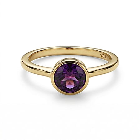 African Amethyst February Birthstone Solitaire Ring in 18K Vermeil Yellow Gold Plated Sterling Silver