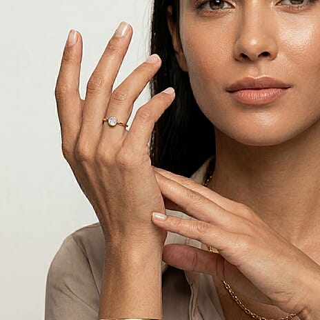 Rainbow Moonstone Solitaire Ring in 18K Vermeil Yellow Gold Plated Sterling Silver