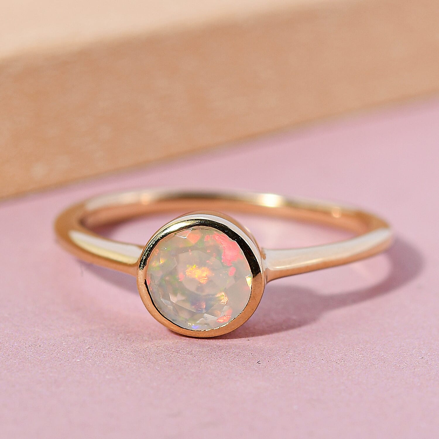 Ethiopian Welo Opal Solitaire Ring in 18K Vermeil Yellow Gold Plated Sterling Silver