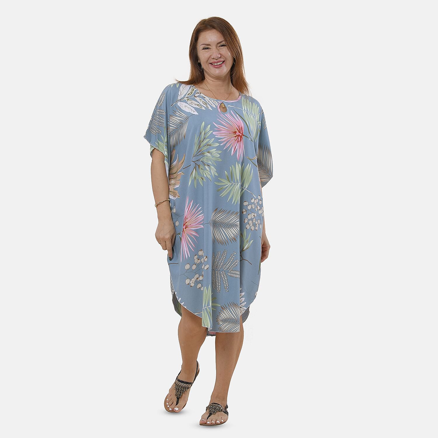 TAMSY 100% Viscose Leaf Pattern Kaftan Dress (Size 8-22) - Green