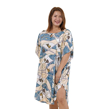 TAMSY 100% Viscose Printed Kaftan Dress (Size 8-22) - Beige & Green