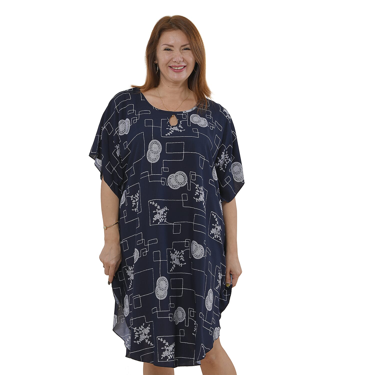 TAMSY 100% Viscose Printed Kaftan Dress (Size 8-22) - Dark Blue