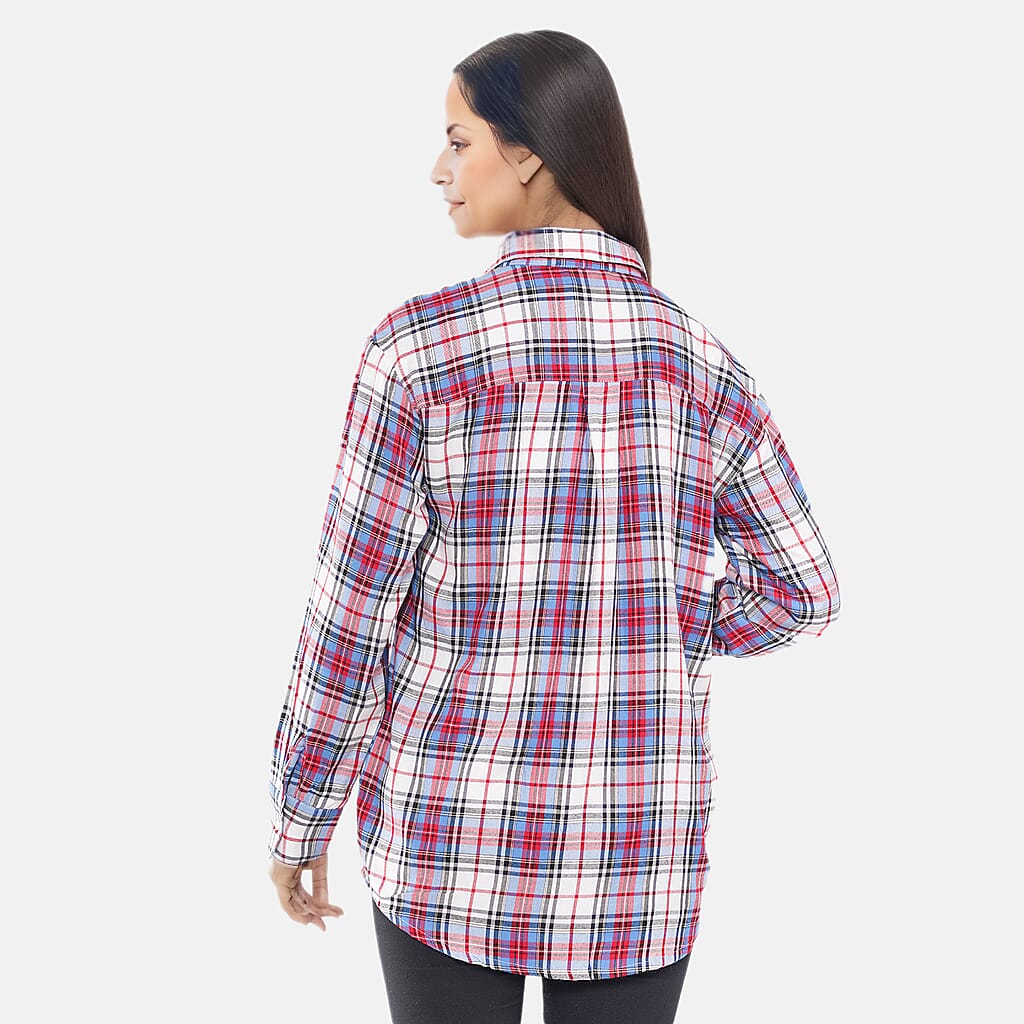 TAMSY 100% Viscose Check Shirt (Size L) - Light Blue