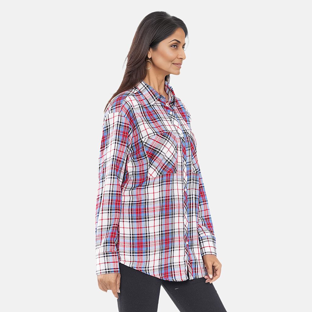 TAMSY 100% Viscose Check Shirt (Size L) - Light Blue