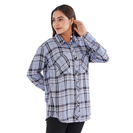 TAMSY 100% Viscose Check Shirt (Size L) - Light Blue