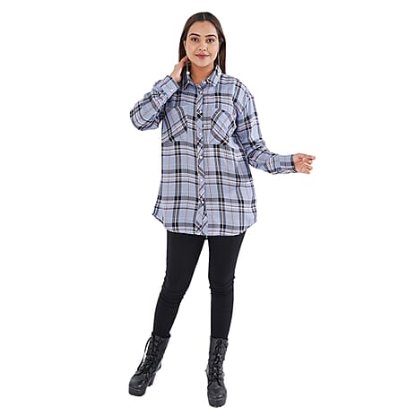 TAMSY 100% Viscose Check Shirt (Size L) - Light Blue