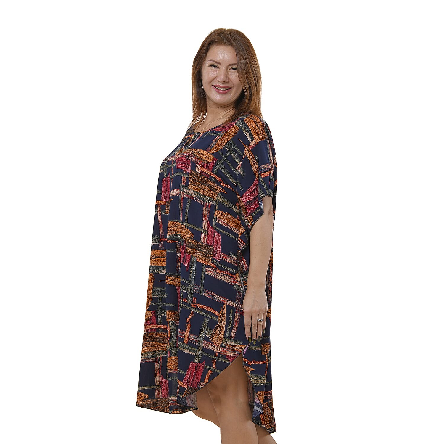 TAMSY 100% Viscose Printed Kaftan Dress (Size 8-22) - Navy & Multi
