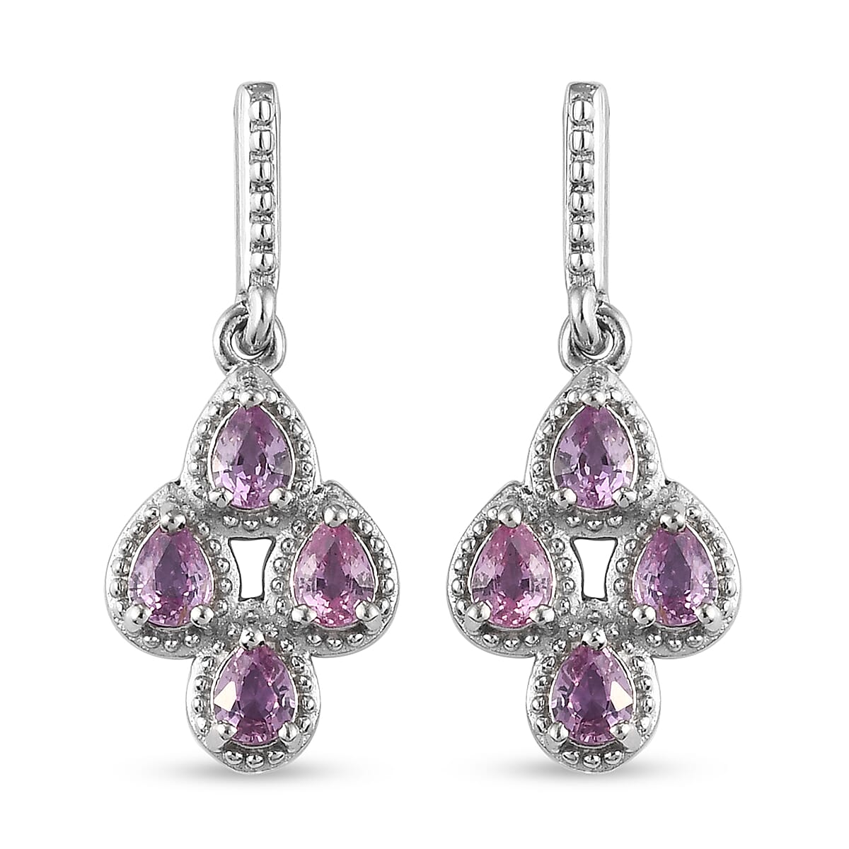 Pink Sapphire Dangling Earrings (with Push Back) in Platinum Overlay Sterling Silver 1.36 Ct.