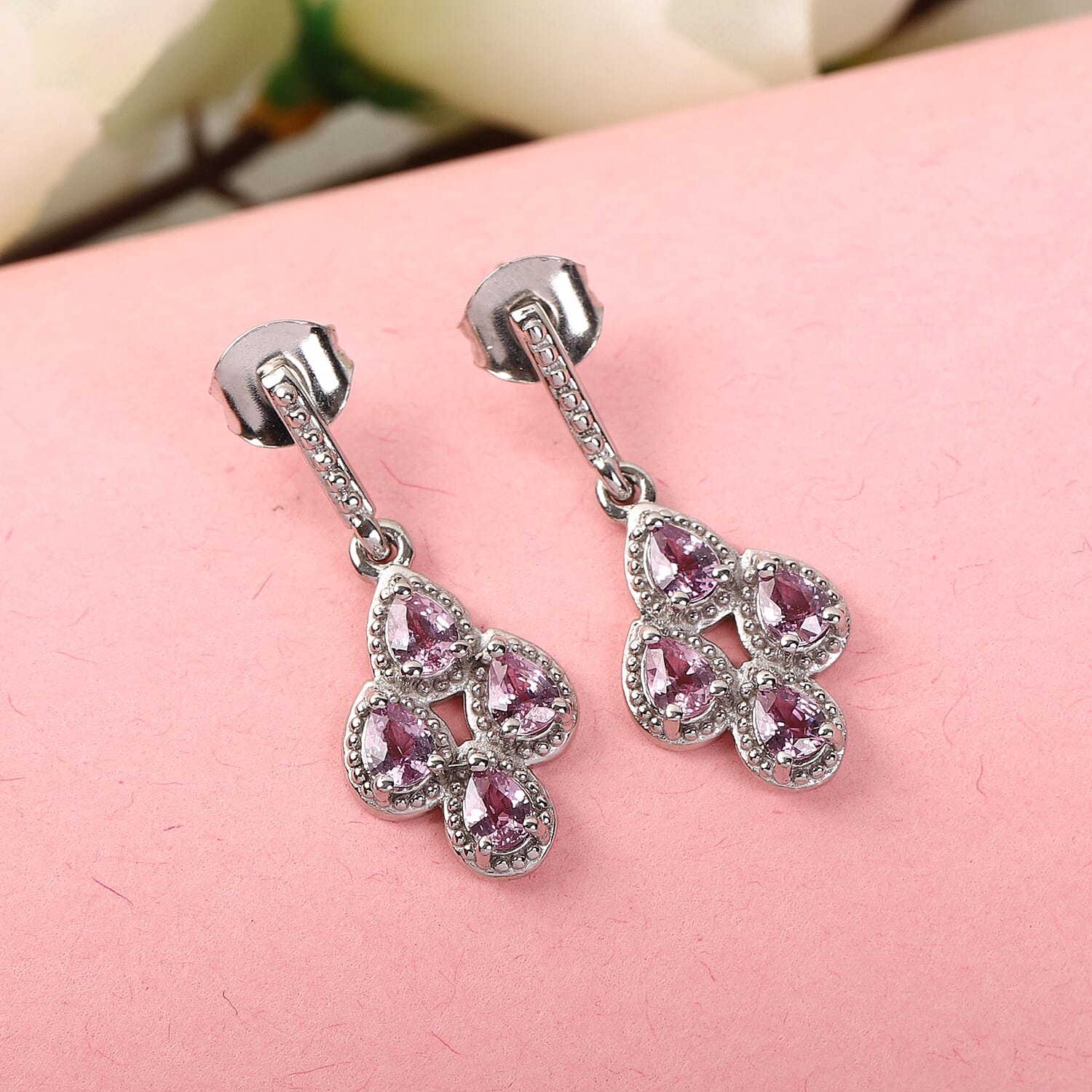 Pink Sapphire Dangling Earrings (with Push Back) in Platinum Overlay Sterling Silver 1.36 Ct.
