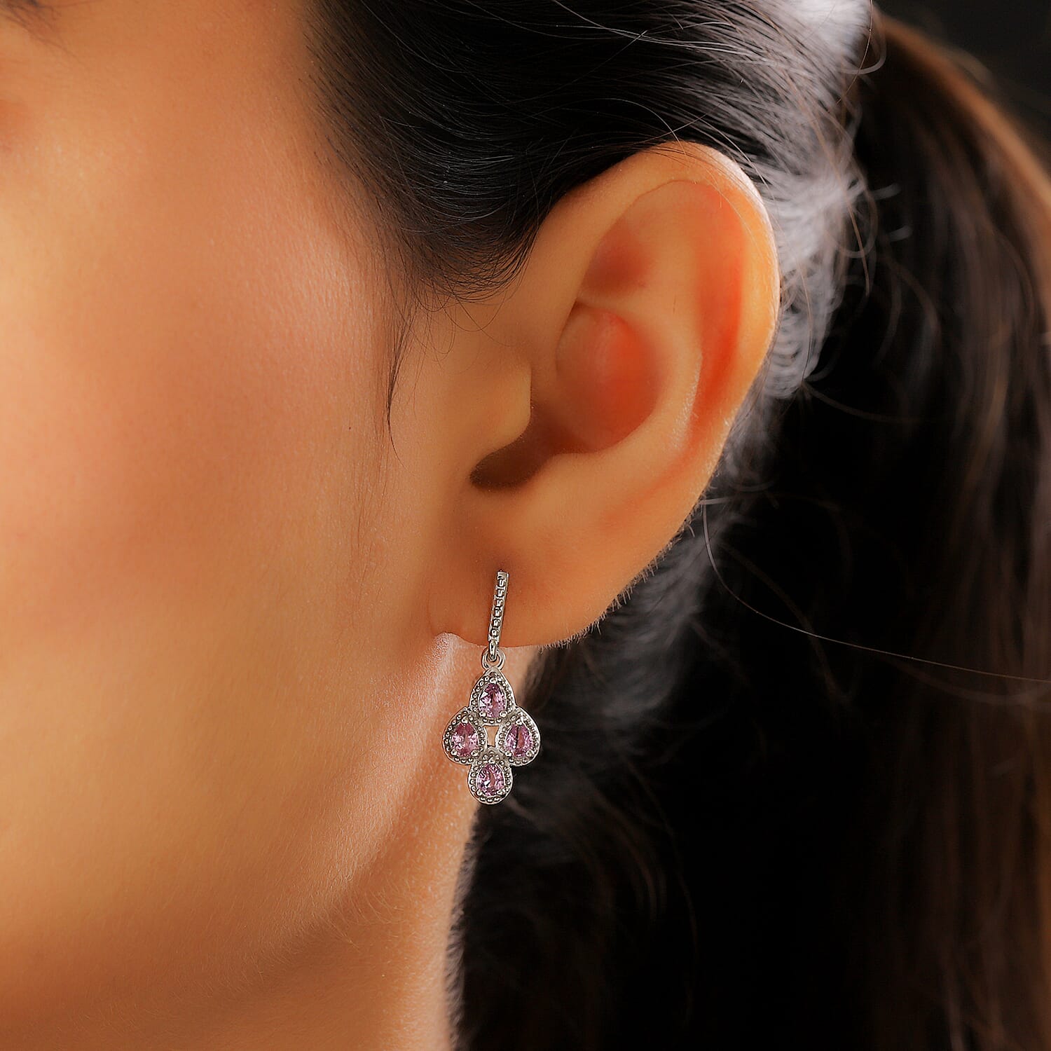 Pink Sapphire Dangling Earrings (with Push Back) in Platinum Overlay Sterling Silver 1.36 Ct.