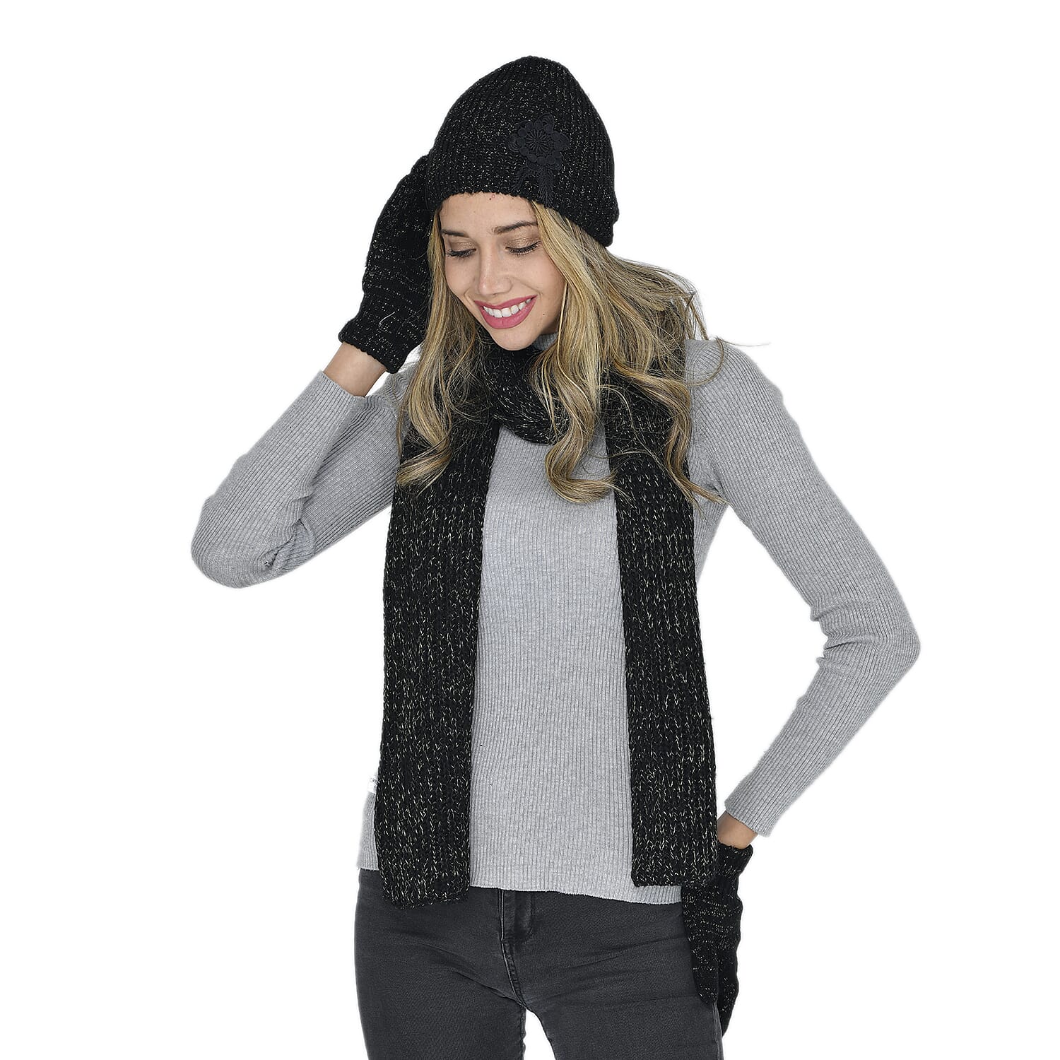 3 Piece Set - 100% Acrylic Knitted Scarf Hat and Gloves - Black