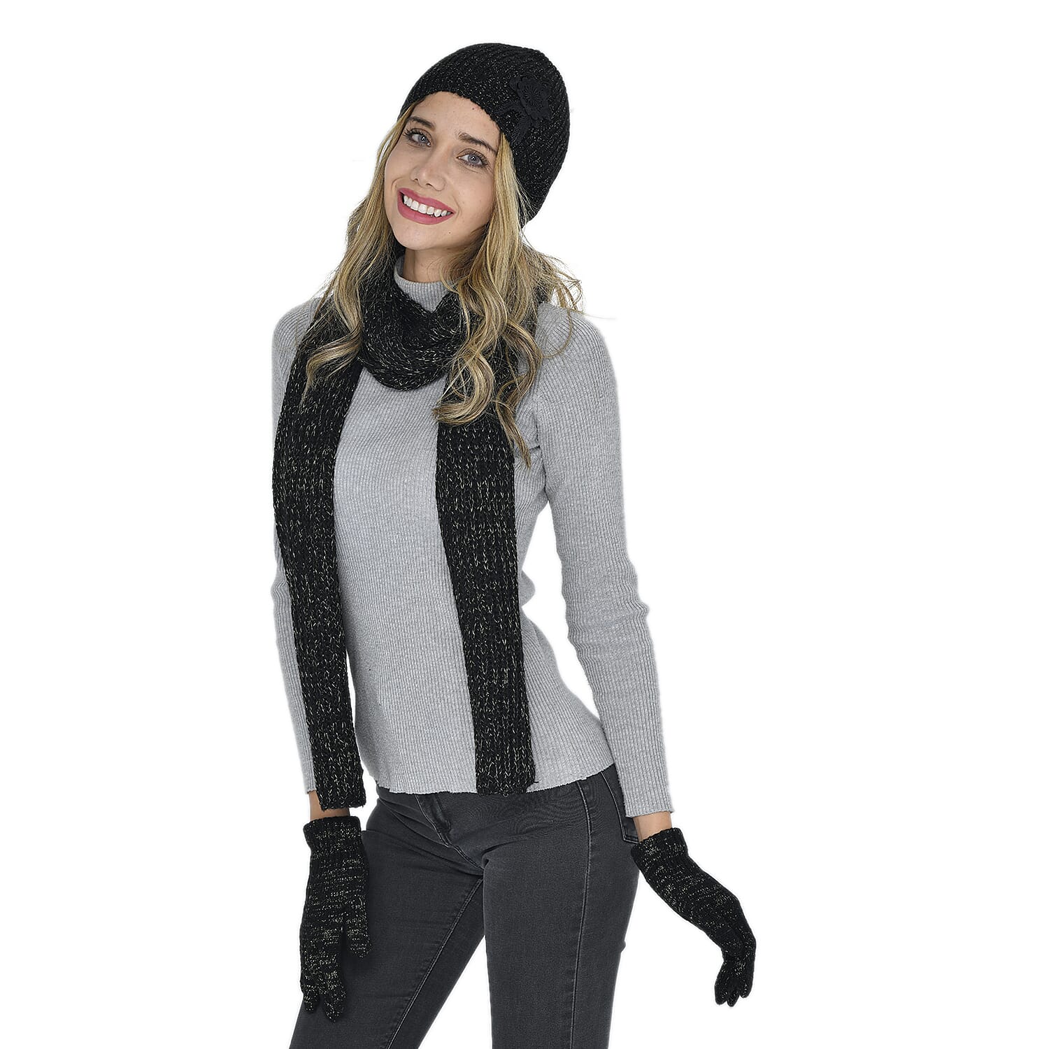 3 Piece Set - 100% Acrylic Knitted Scarf Hat and Gloves - Black