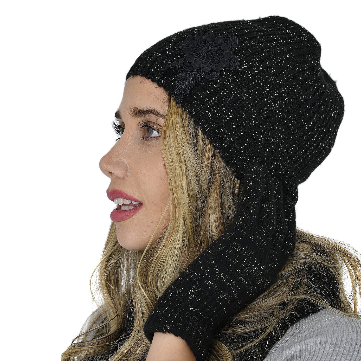 3 Piece Set - 100% Acrylic Knitted Scarf Hat and Gloves - Black