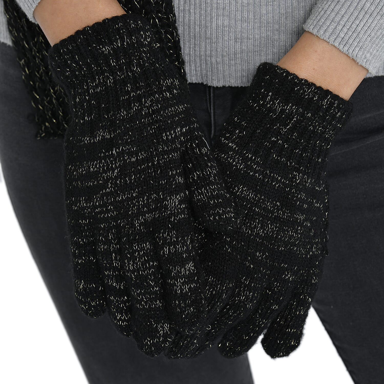 3 Piece Set - 100% Acrylic Knitted Scarf Hat and Gloves - Black