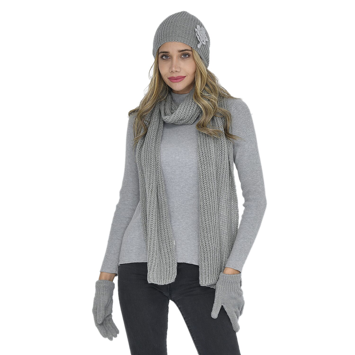 3 Piece Set - 100% Acrylic Knitted Scarf (Size 198x28Cm), Hat (Size 22x15Cm) and Gloves (Size 21x6Cm) - Grey