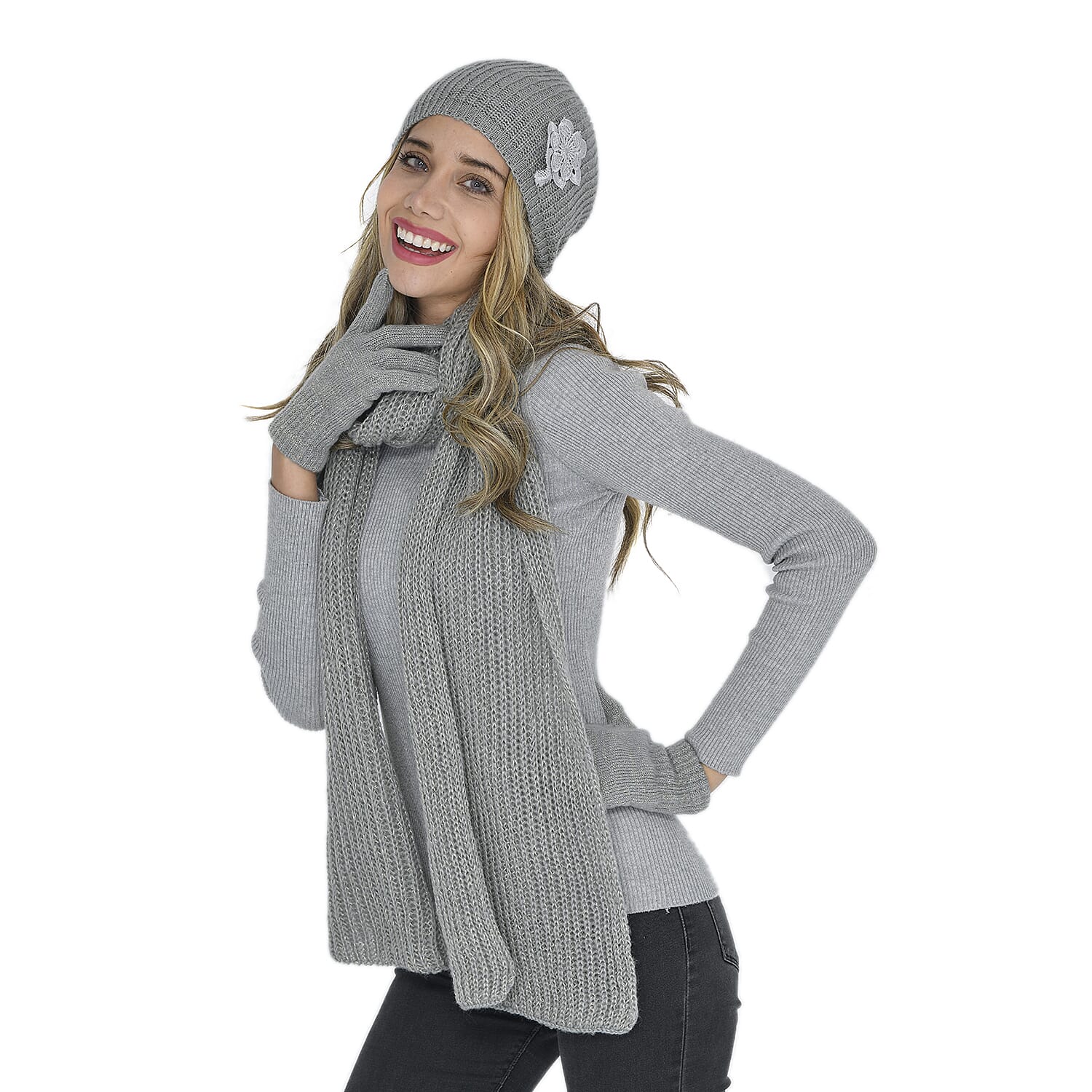 3 Piece Set - 100% Acrylic Knitted Scarf (Size 198x28Cm), Hat (Size 22x15Cm) and Gloves (Size 21x6Cm) - Grey