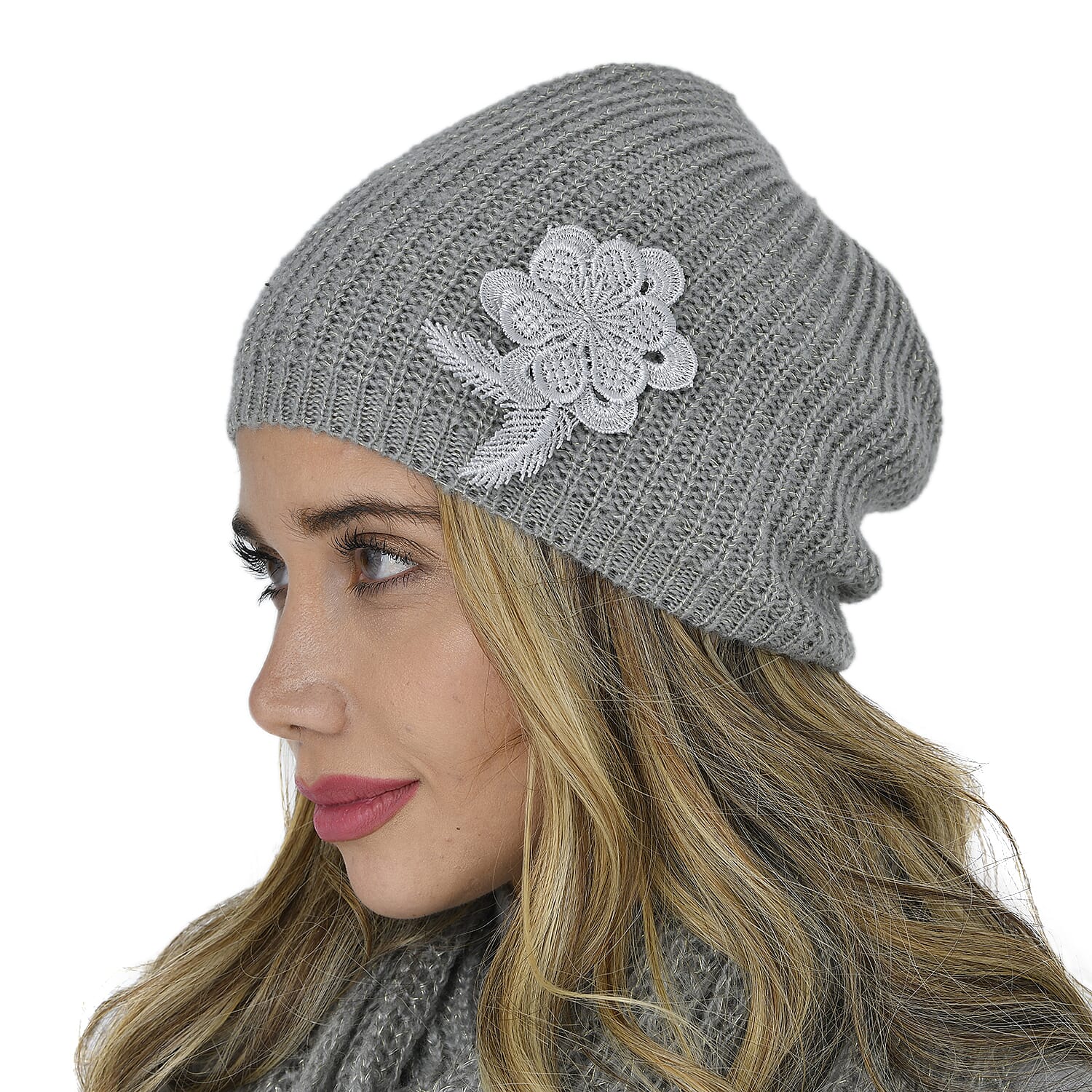 3 Piece Set - 100% Acrylic Knitted Scarf (Size 198x28Cm), Hat (Size 22x15Cm) and Gloves (Size 21x6Cm) - Grey