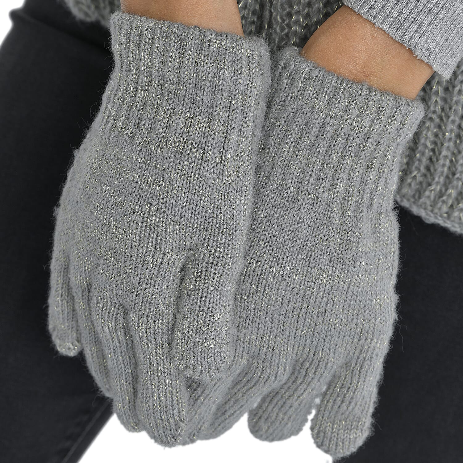 3 Piece Set - 100% Acrylic Knitted Scarf (Size 198x28Cm), Hat (Size 22x15Cm) and Gloves (Size 21x6Cm) - Grey