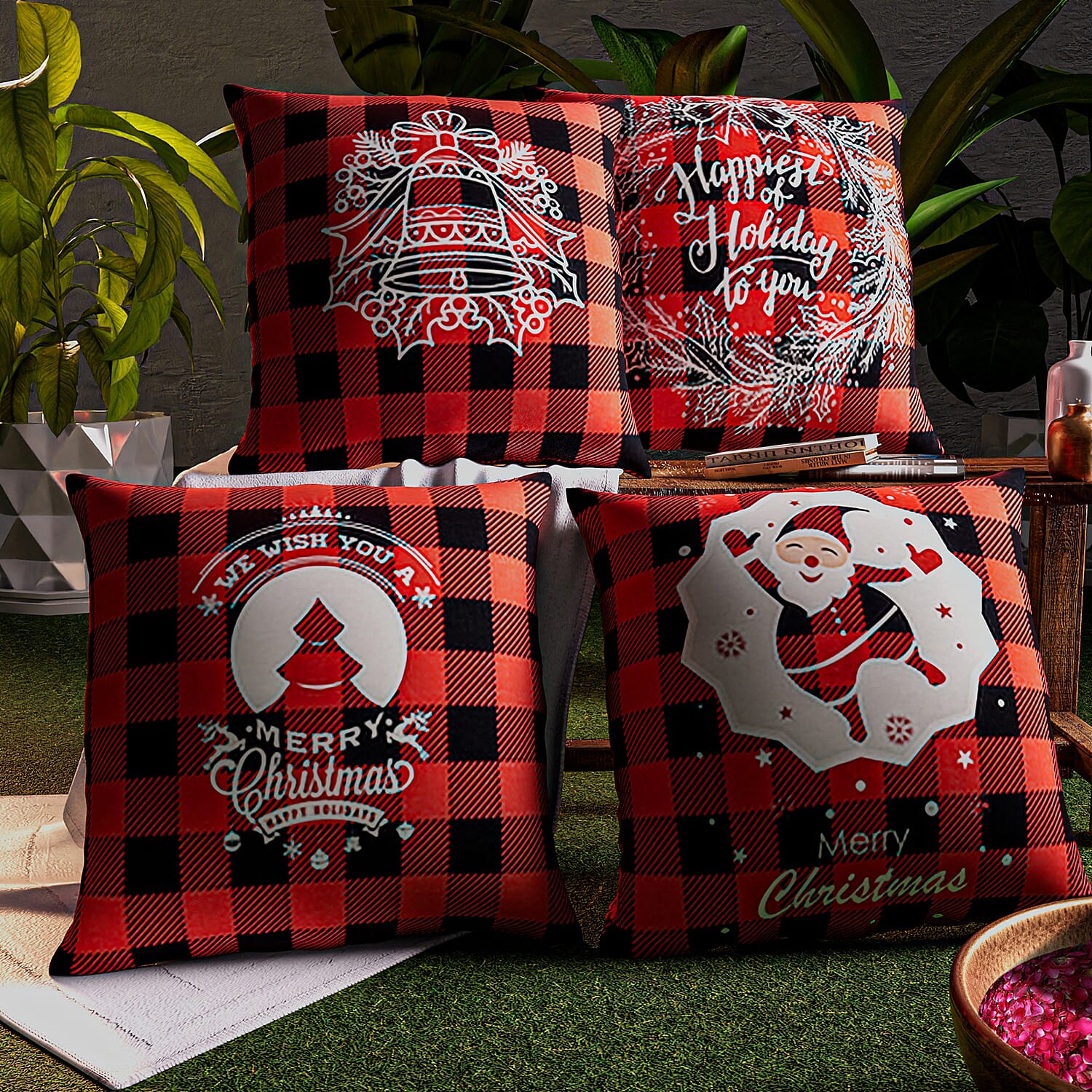 Set of 4 - Checkered Pattern Cushion Cover (Size 45 Cm)- Red, Black & Yellow