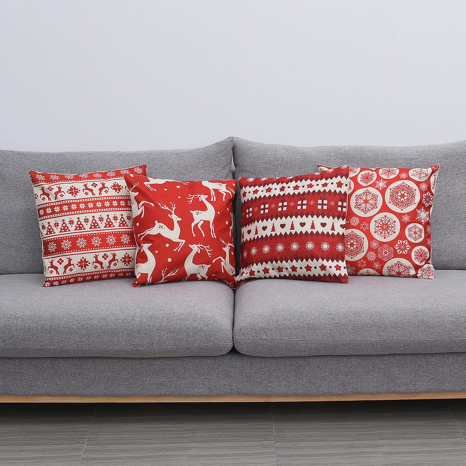 Set of 4 - Christmas Theme Pattern Cushion Cover (Size 44 Cm)- Off White & Red
