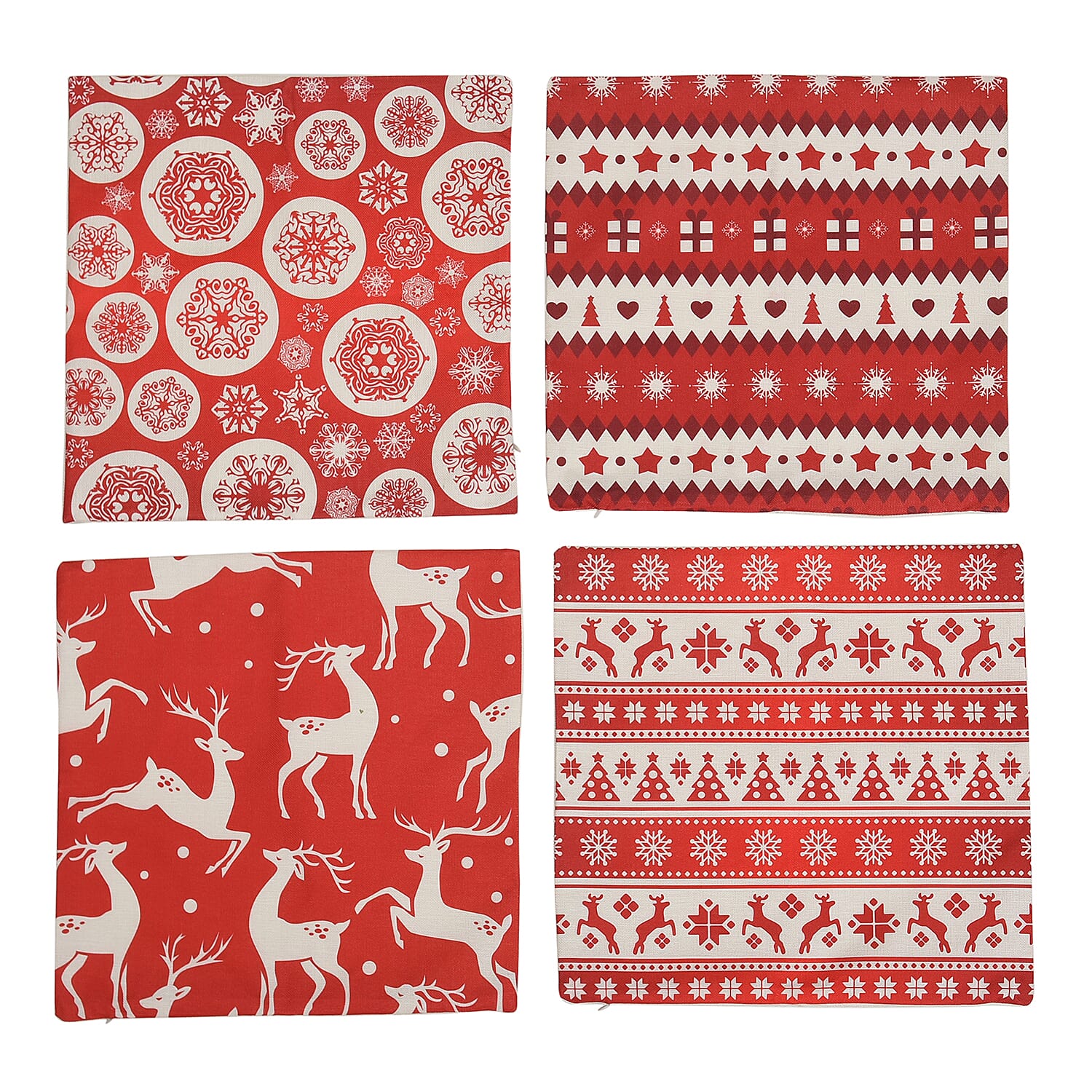 Set of 4 - Christmas Theme Pattern Cushion Cover (Size 44 Cm)- Off White & Red