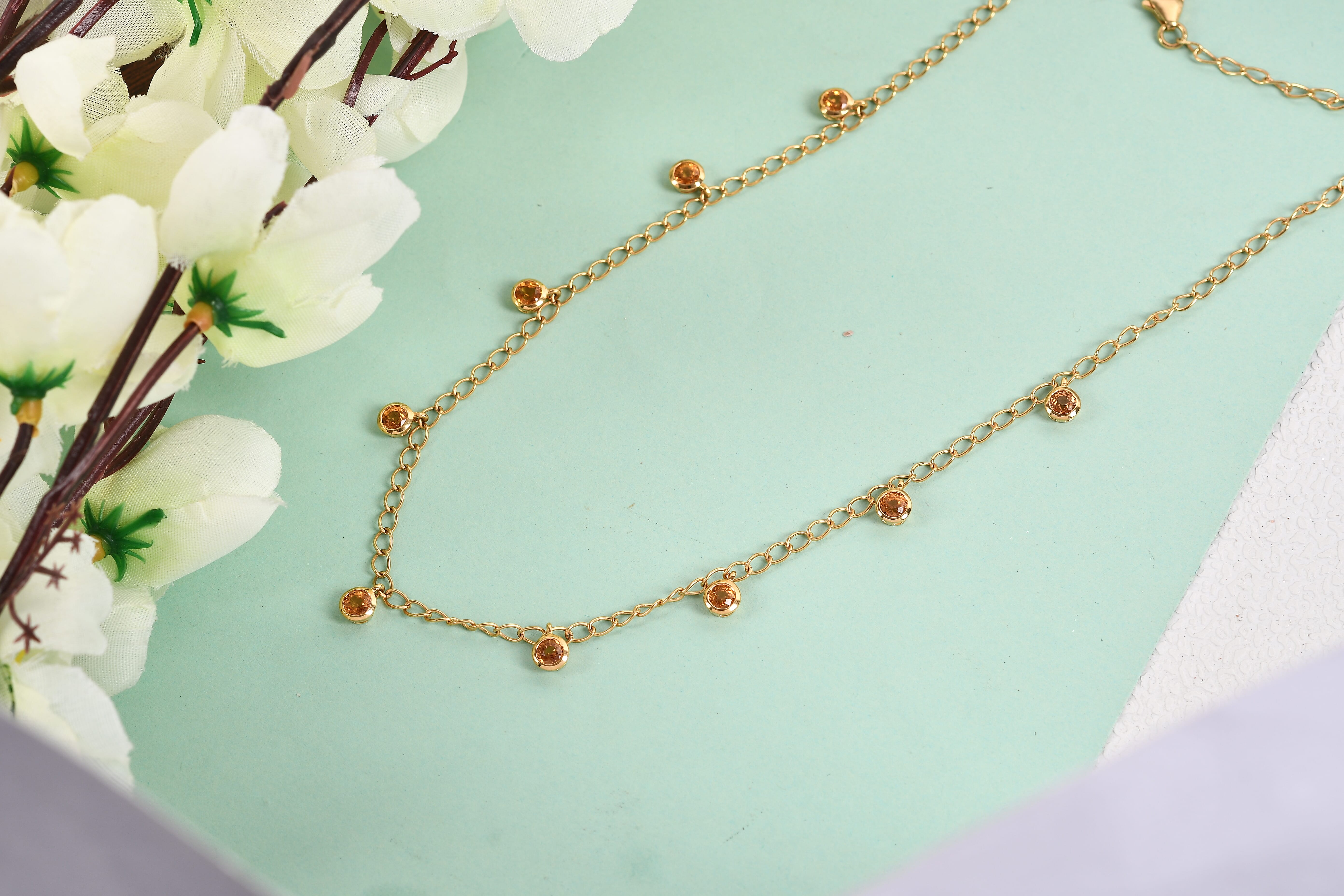 Orange Sapphire Station Necklace (Size - 18) in Platinum Overlay Sterling Silver 3.80 Ct, Silver wt. 5.07 Gms