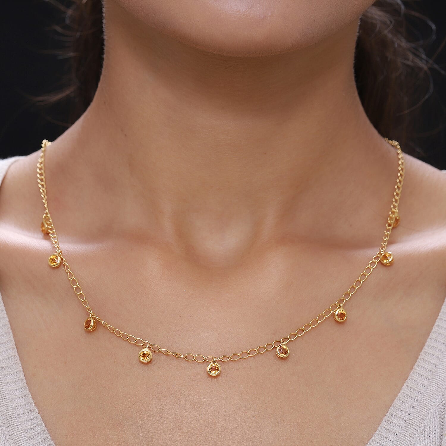 Orange Sapphire Station Necklace (Size - 18) in Platinum Overlay Sterling Silver 3.80 Ct, Silver wt. 5.07 Gms