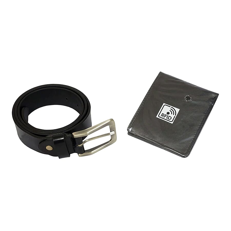 ASSOTS LONDON Mens Genuine Leather Belt and Wallet Gift Set in Box Black 