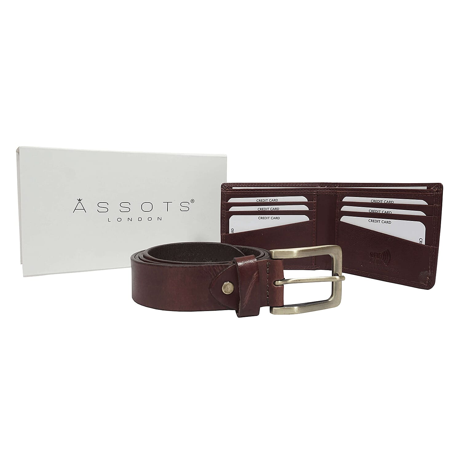 ASSOTS LONDON Mens Genuine Leather Belt and Wallet Gift Set in Box Black 