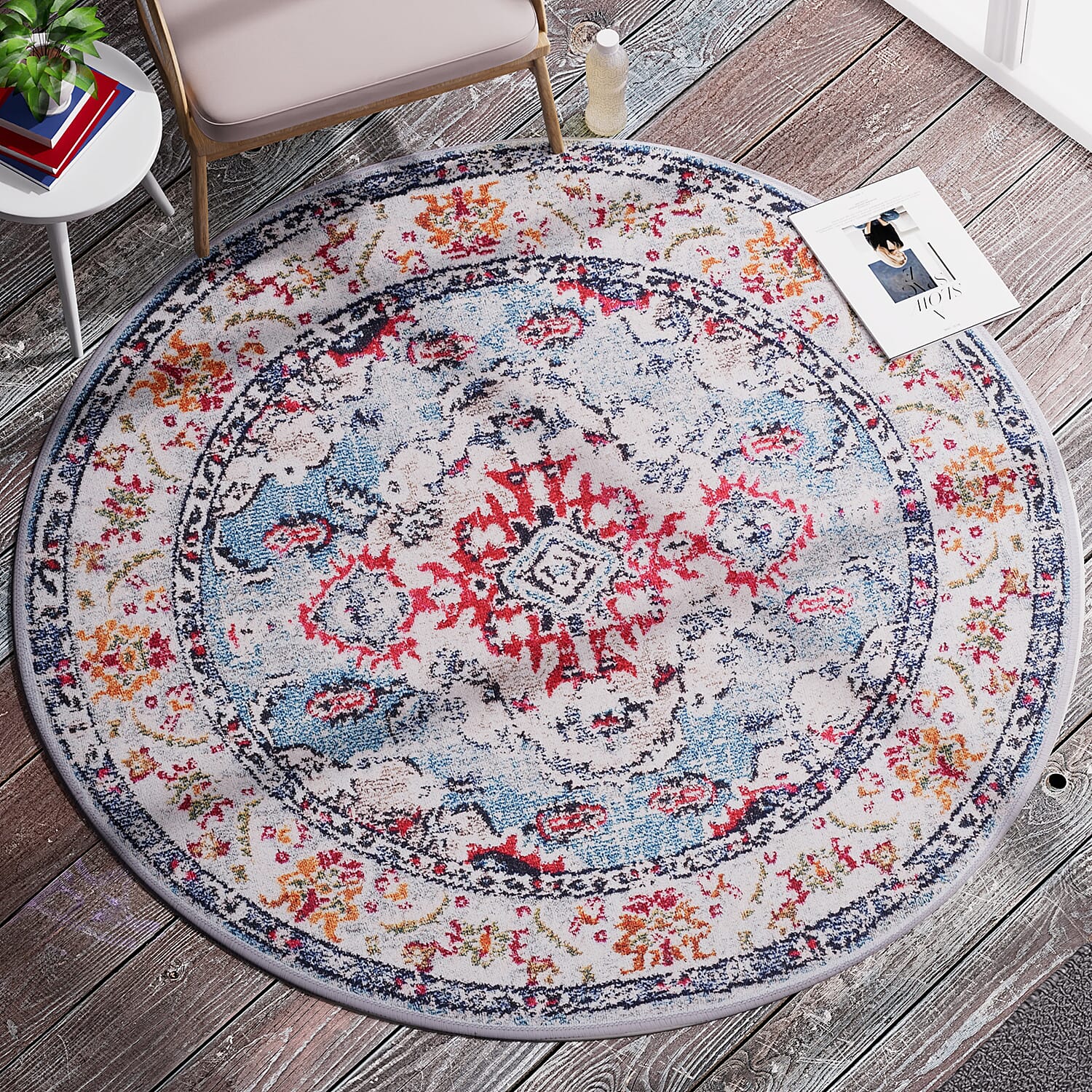 Turkish Design Chenille Carpet (Size 88 Cm) - Orange & Blue