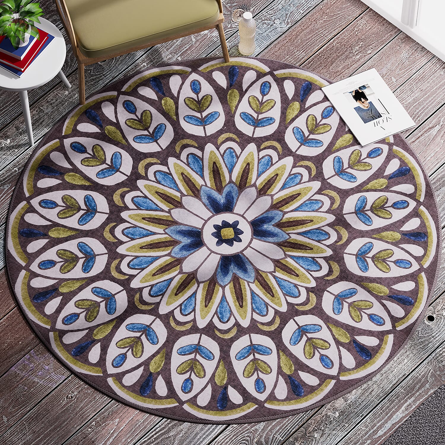 Turkish Design Chenille Carpet (Size 88 Cm) - Green & Multi