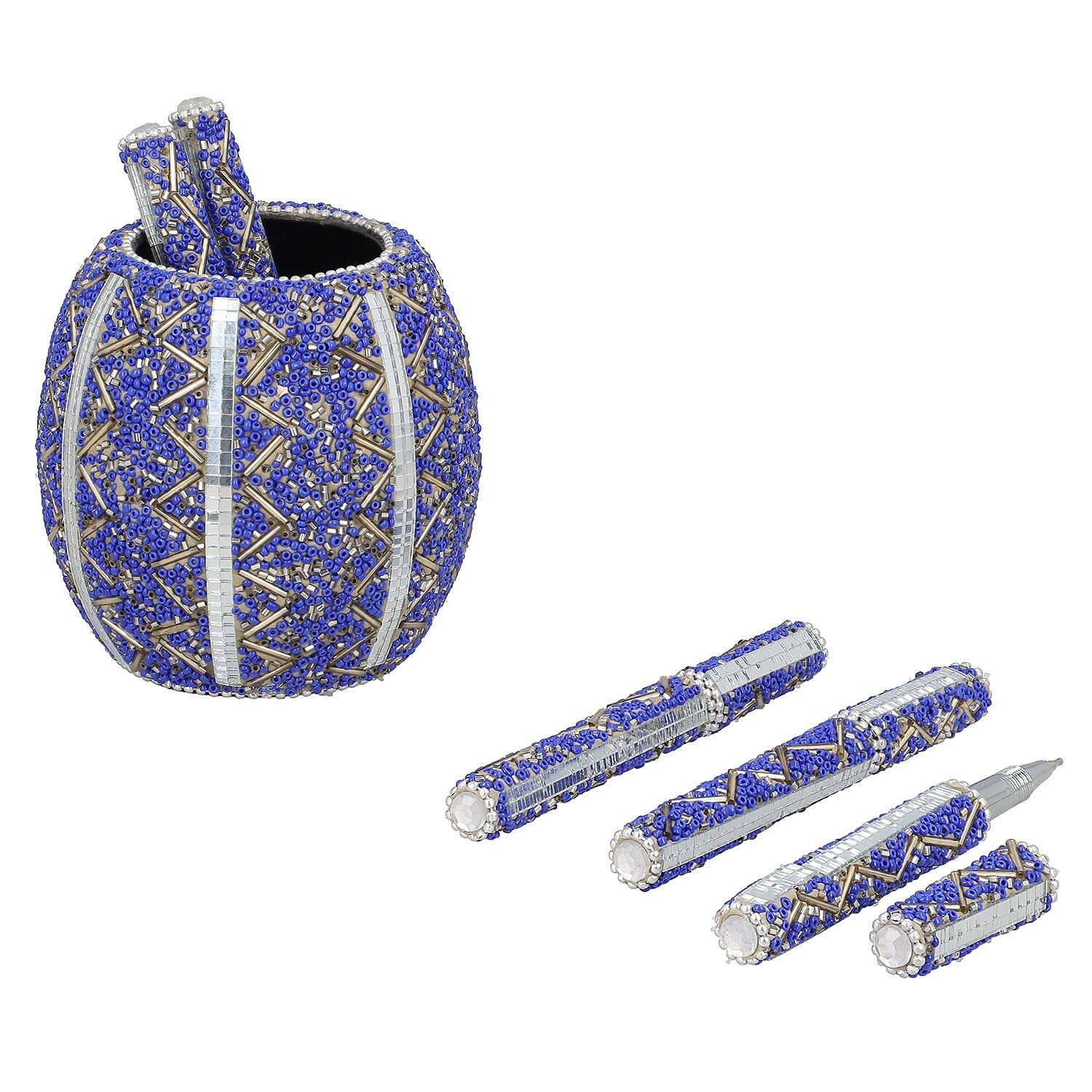Handcrafted Set of 5 Blue Rhinestone Beaded Pens with Matching Holder Color - Blue