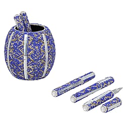 Handcrafted Set of 5 Blue Rhinestone Beaded Pens with Matching Holder Color - Blue
