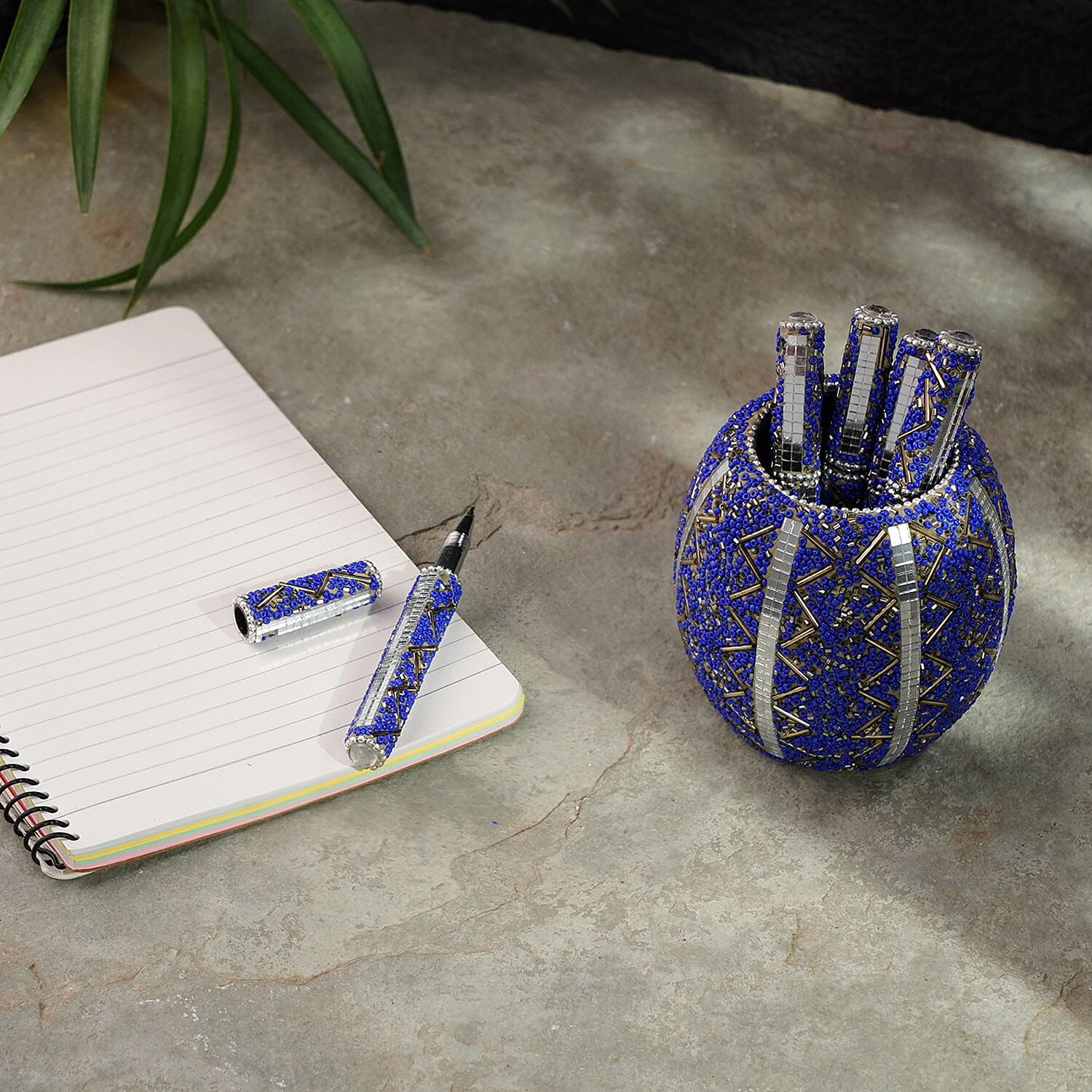 Handcrafted Set of 5 Blue Rhinestone Beaded Pens with Matching Holder Color - Blue
