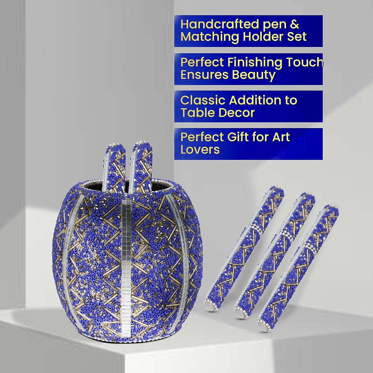 Handcrafted Set of 5 Blue Rhinestone Beaded Pens with Matching Holder Color - Blue