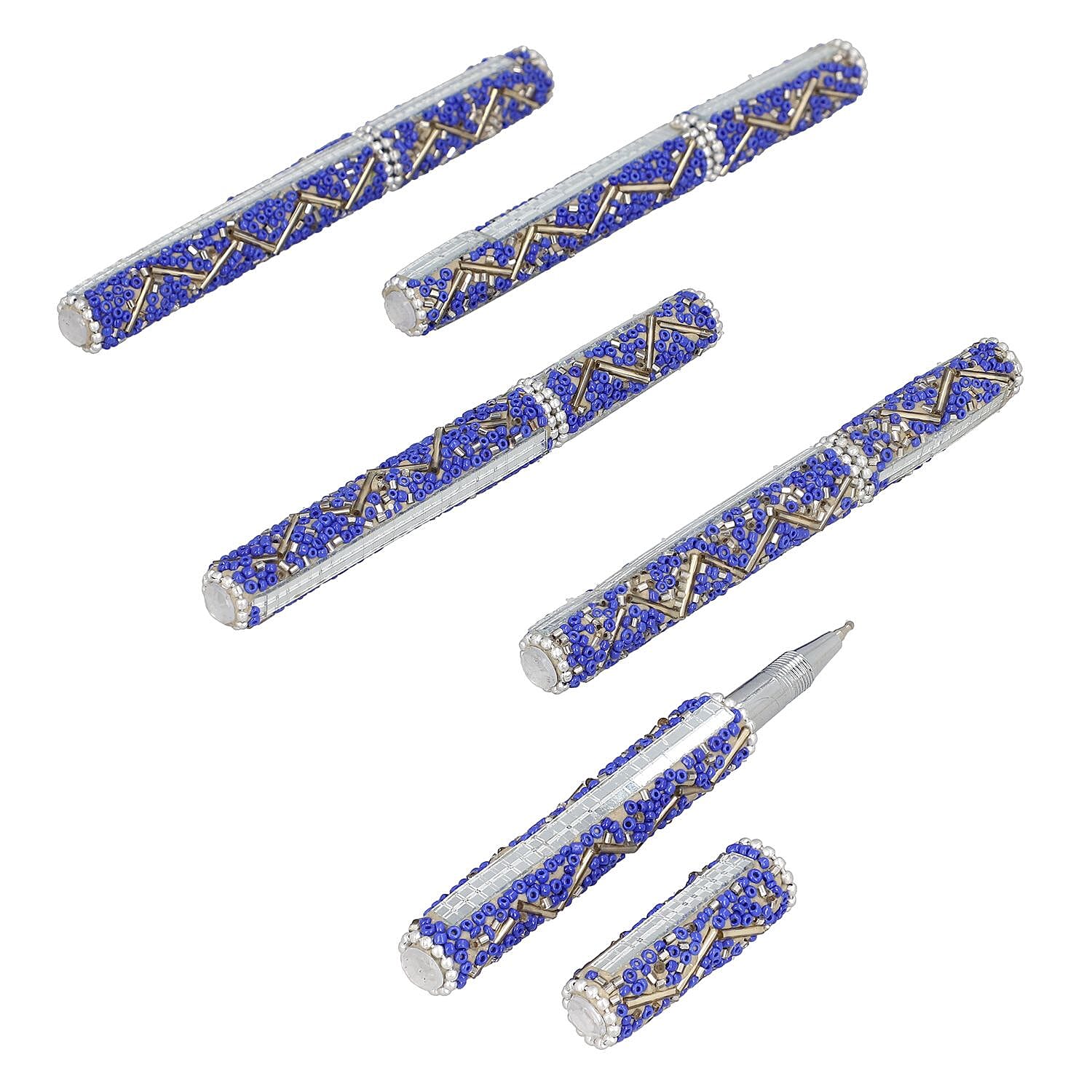 Handcrafted Set of 5 Blue Rhinestone Beaded Pens with Matching Holder Color - Blue