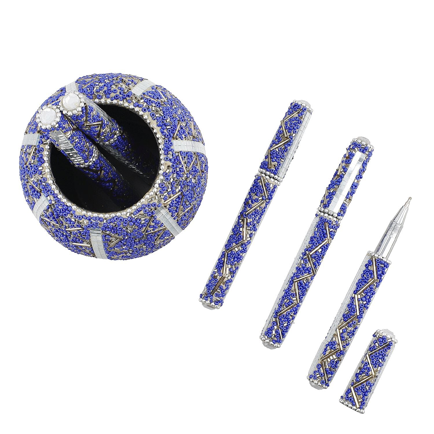 Handcrafted Set of 5 Blue Rhinestone Beaded Pens with Matching Holder Color - Blue