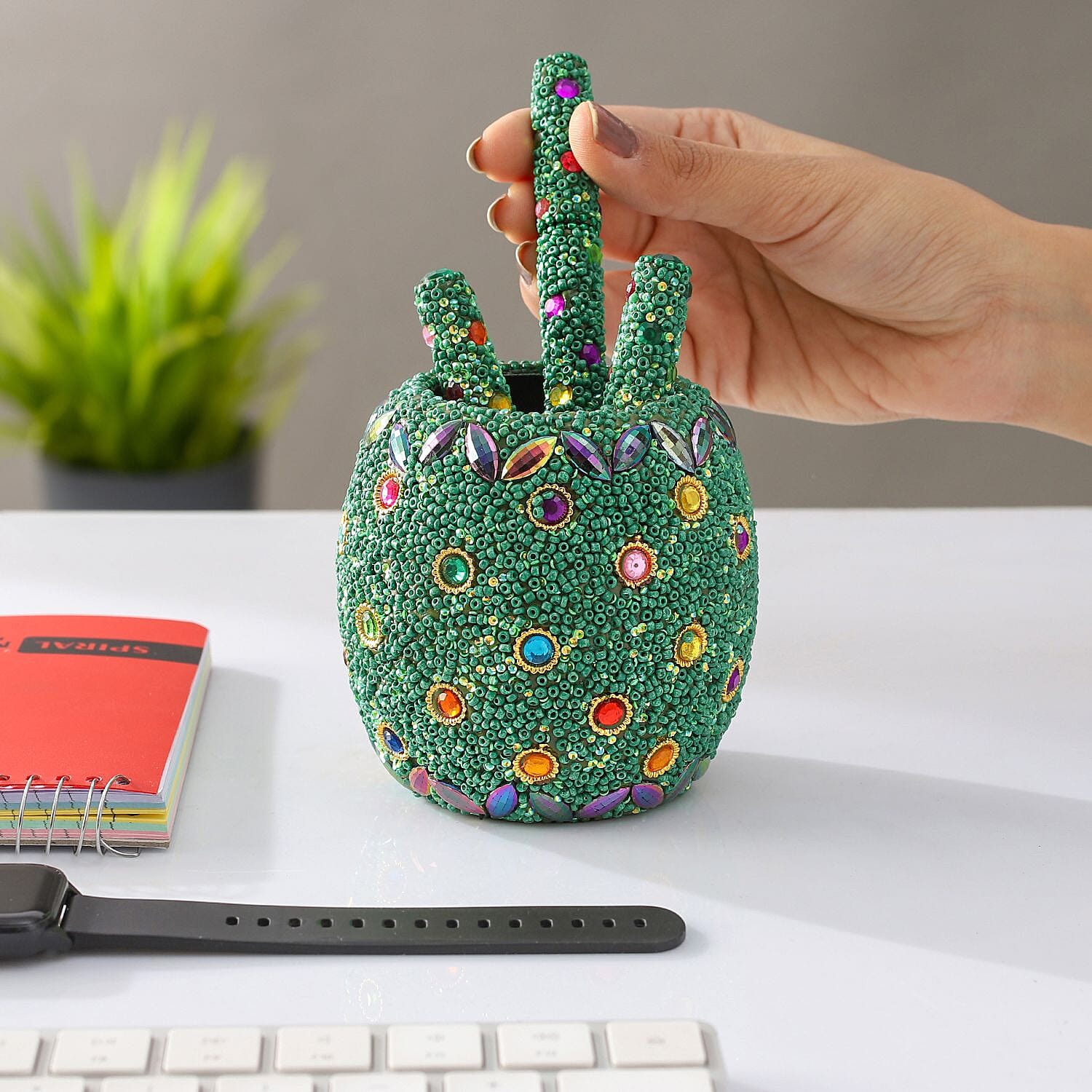 Handcrafted Set of 3 Green Rhinestone Beaded Pens with Matching Holder Colour - Green