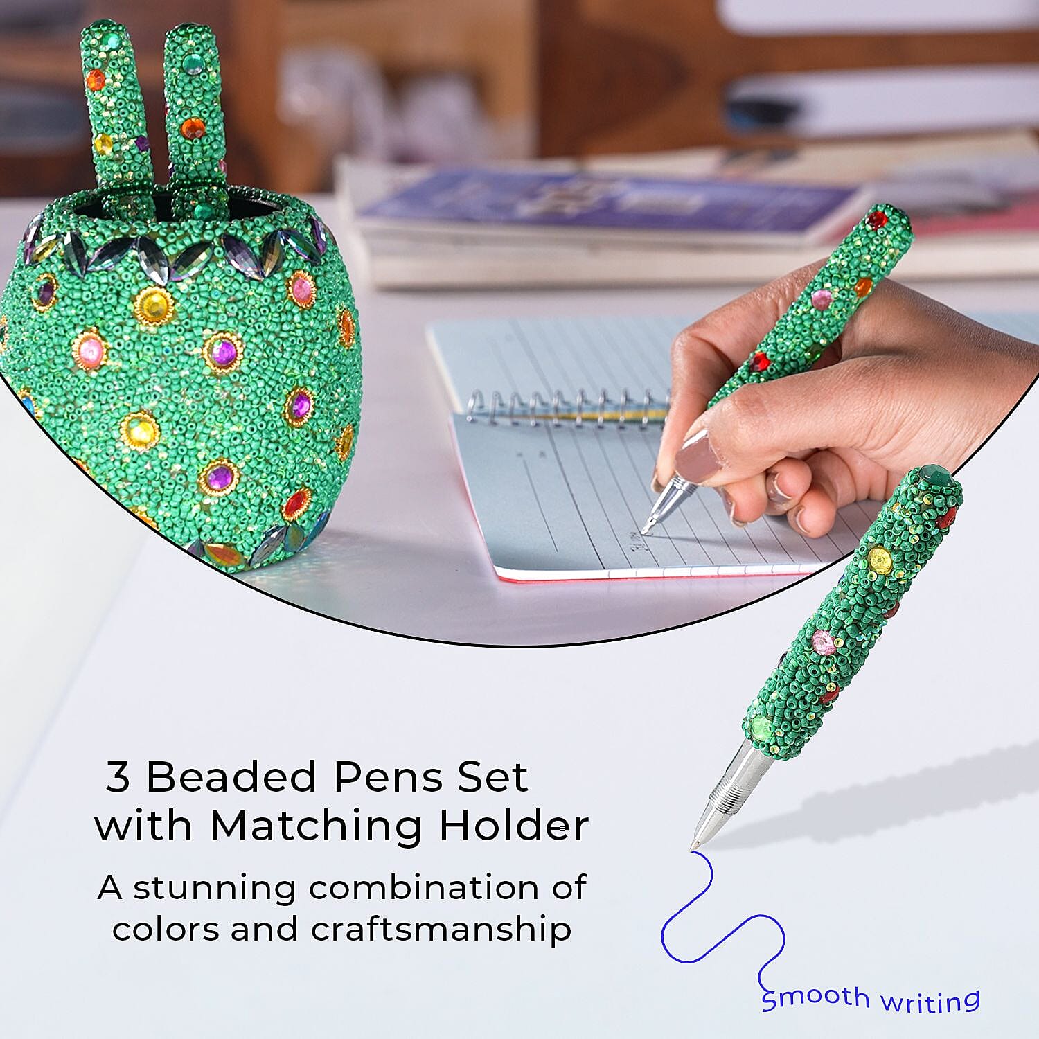 Handcrafted Set of 3 Green Rhinestone Beaded Pens with Matching Holder Colour - Green