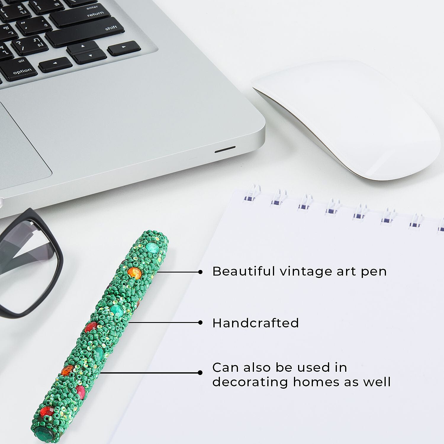 Handcrafted Set of 3 Green Rhinestone Beaded Pens with Matching Holder Colour - Green