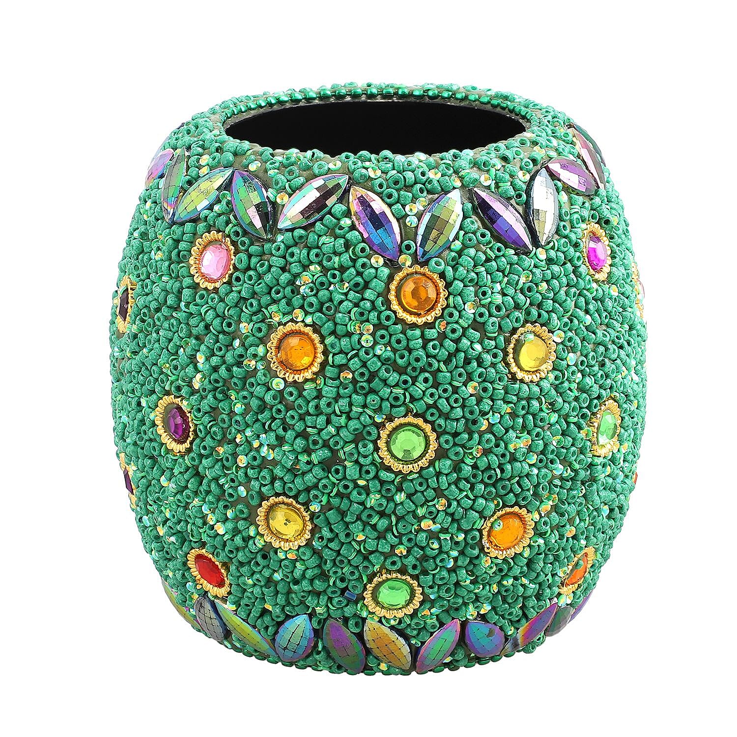 Handcrafted Set of 3 Green Rhinestone Beaded Pens with Matching Holder Colour - Green