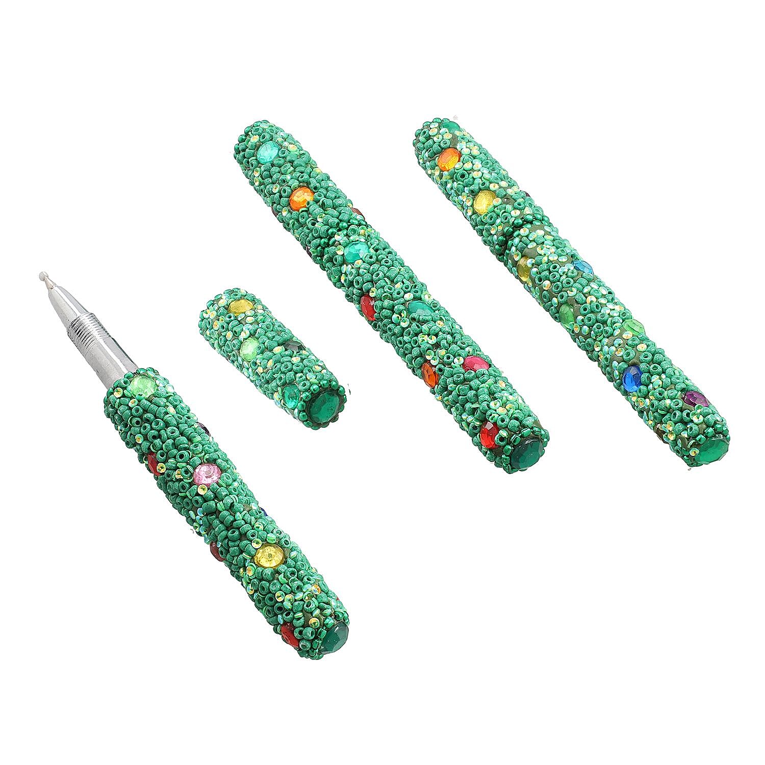 Handcrafted Set of 3 Green Rhinestone Beaded Pens with Matching Holder Colour - Green