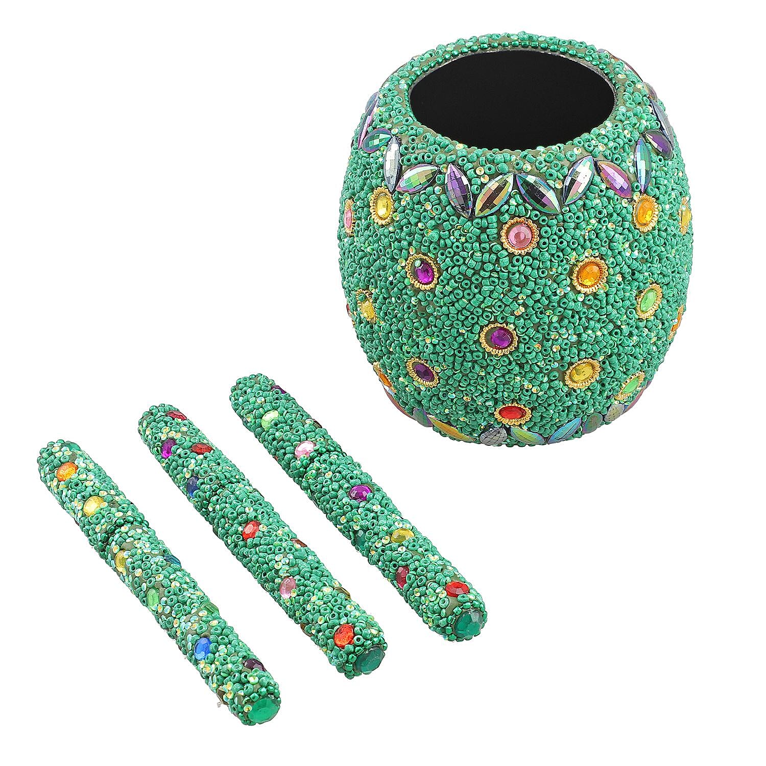 Handcrafted Set of 3 Green Rhinestone Beaded Pens with Matching Holder Colour - Green