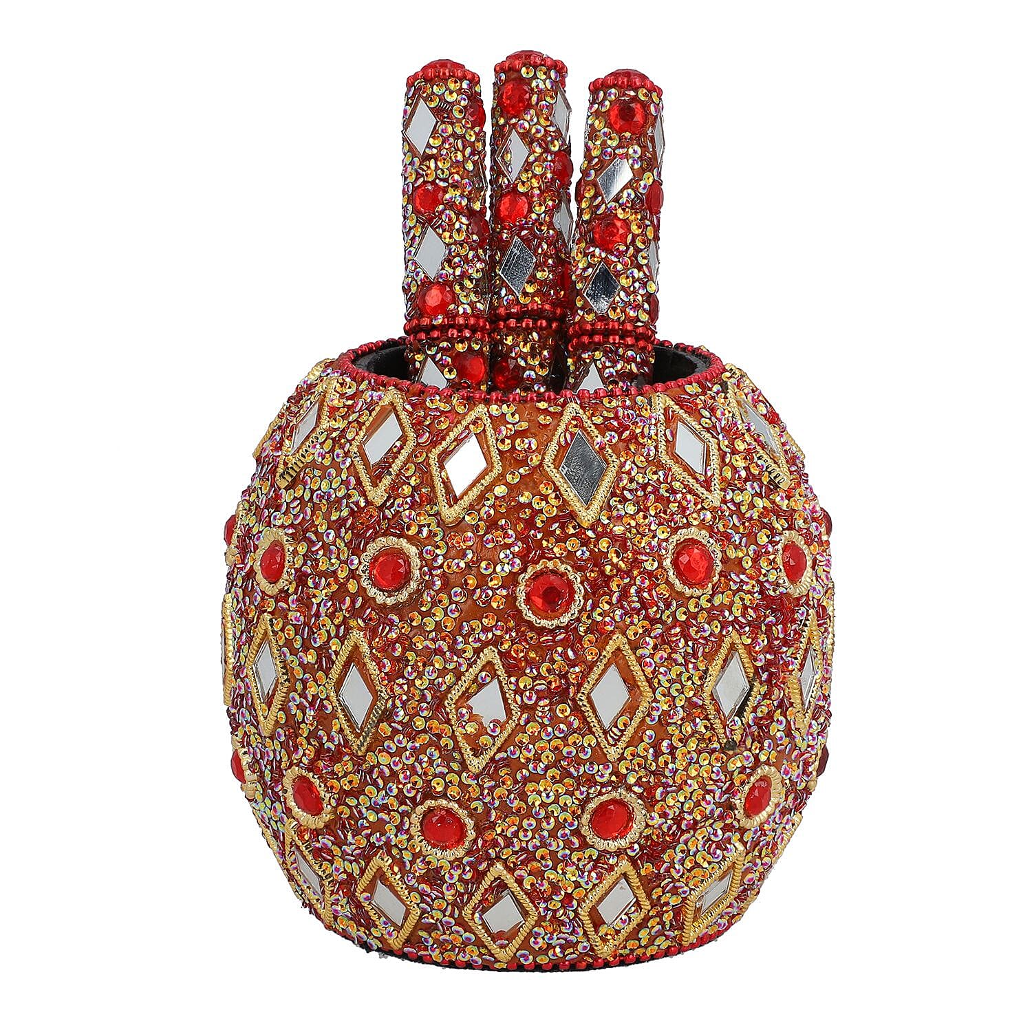 Handcrafted Set of 3 Red Rhinestone Beaded Pens with Matching Holder - Red