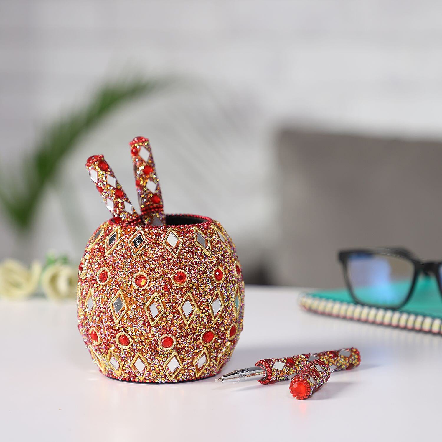 Handcrafted Set of 3 Red Rhinestone Beaded Pens with Matching Holder - Red