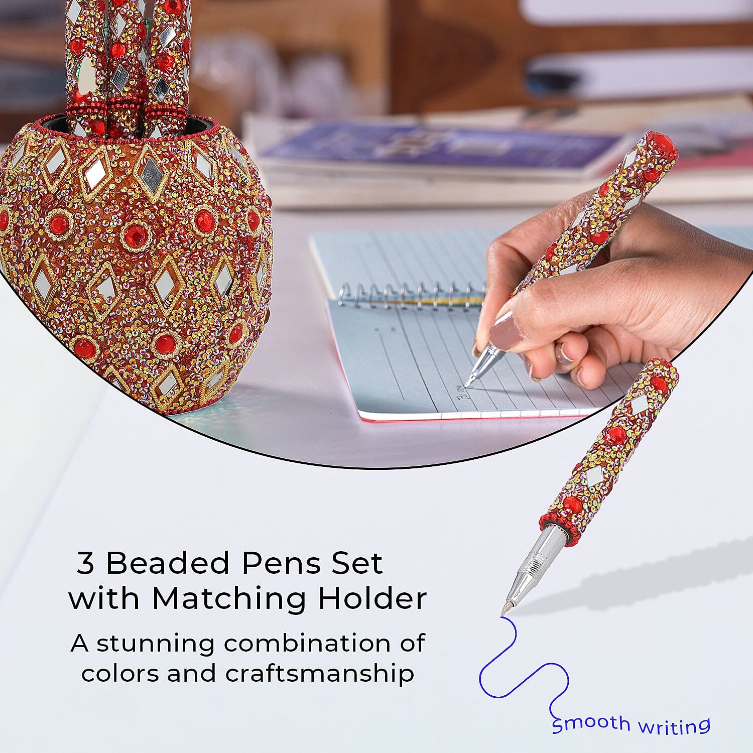 Handcrafted Set of 3 Red Rhinestone Beaded Pens with Matching Holder - Red