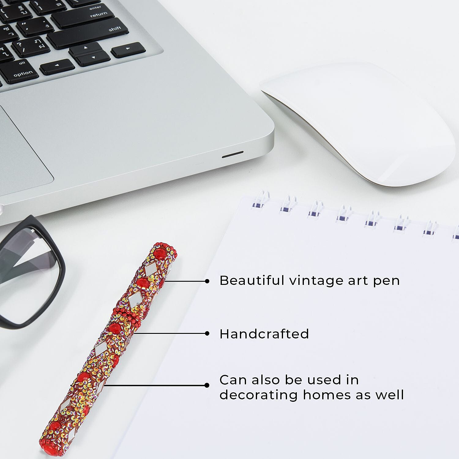 Handcrafted Set of 3 Red Rhinestone Beaded Pens with Matching Holder - Red