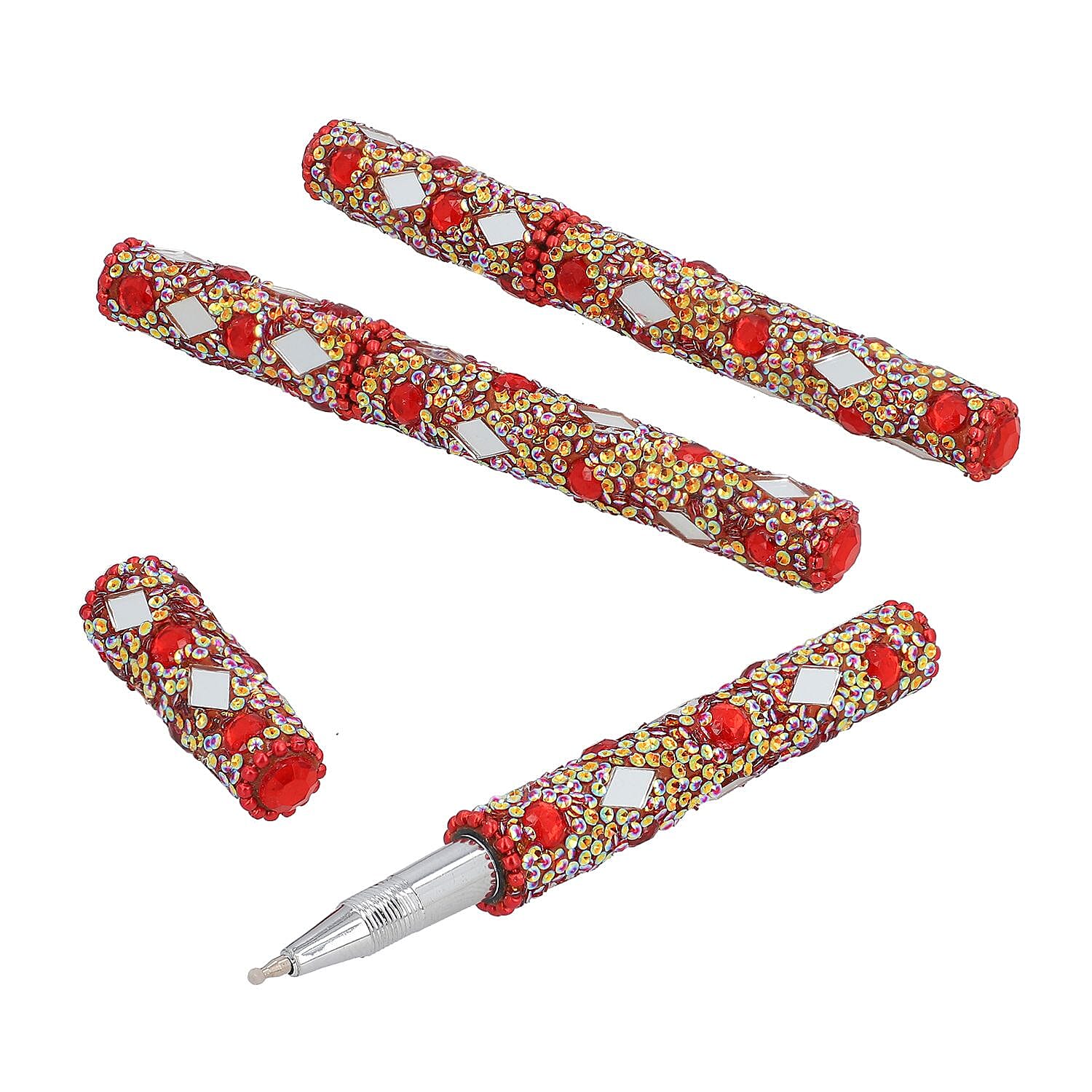 Handcrafted Set of 3 Red Rhinestone Beaded Pens with Matching Holder - Red