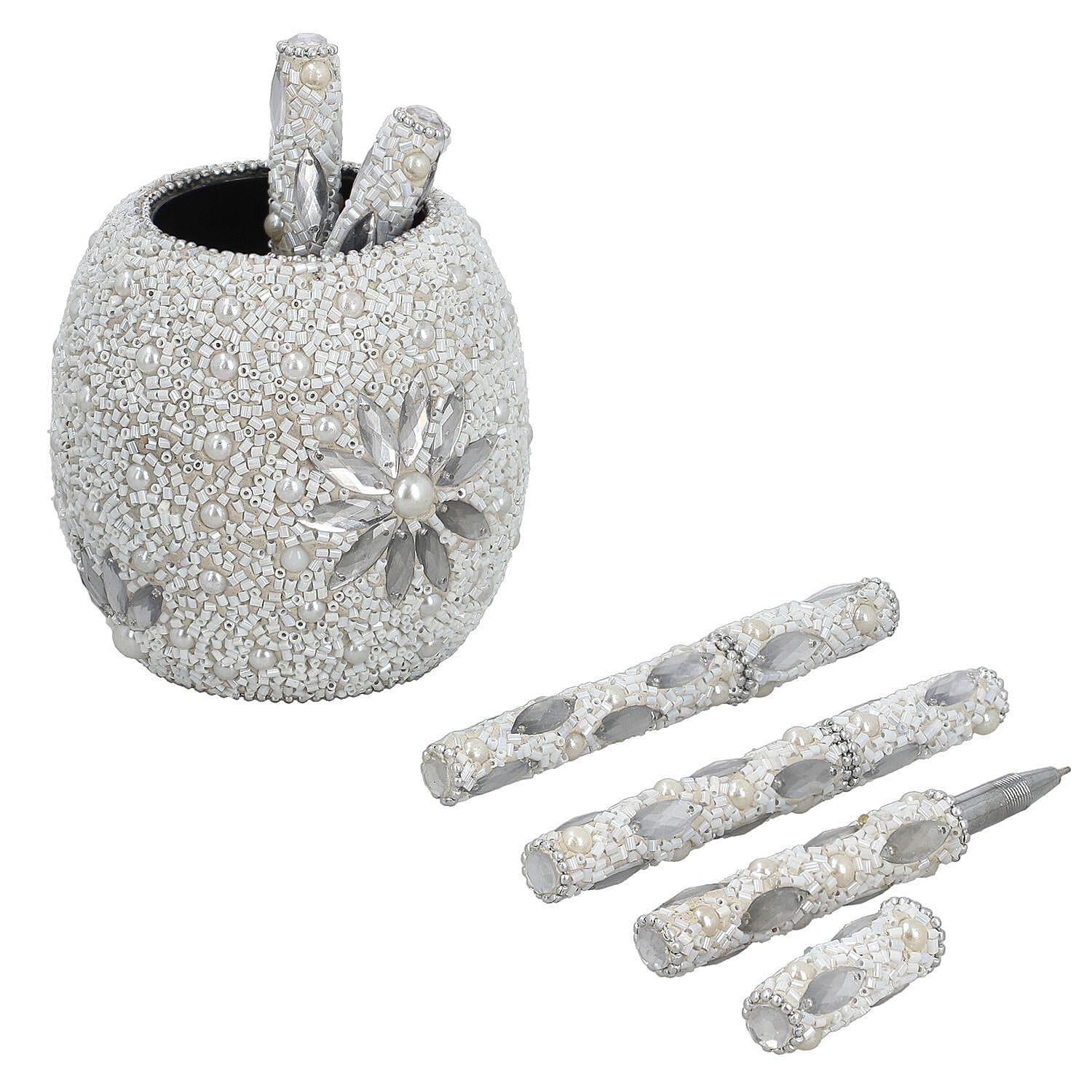 Handcrafted Set of 5 White Rhinestone Beaded Pens with Matching Holder Colour- White